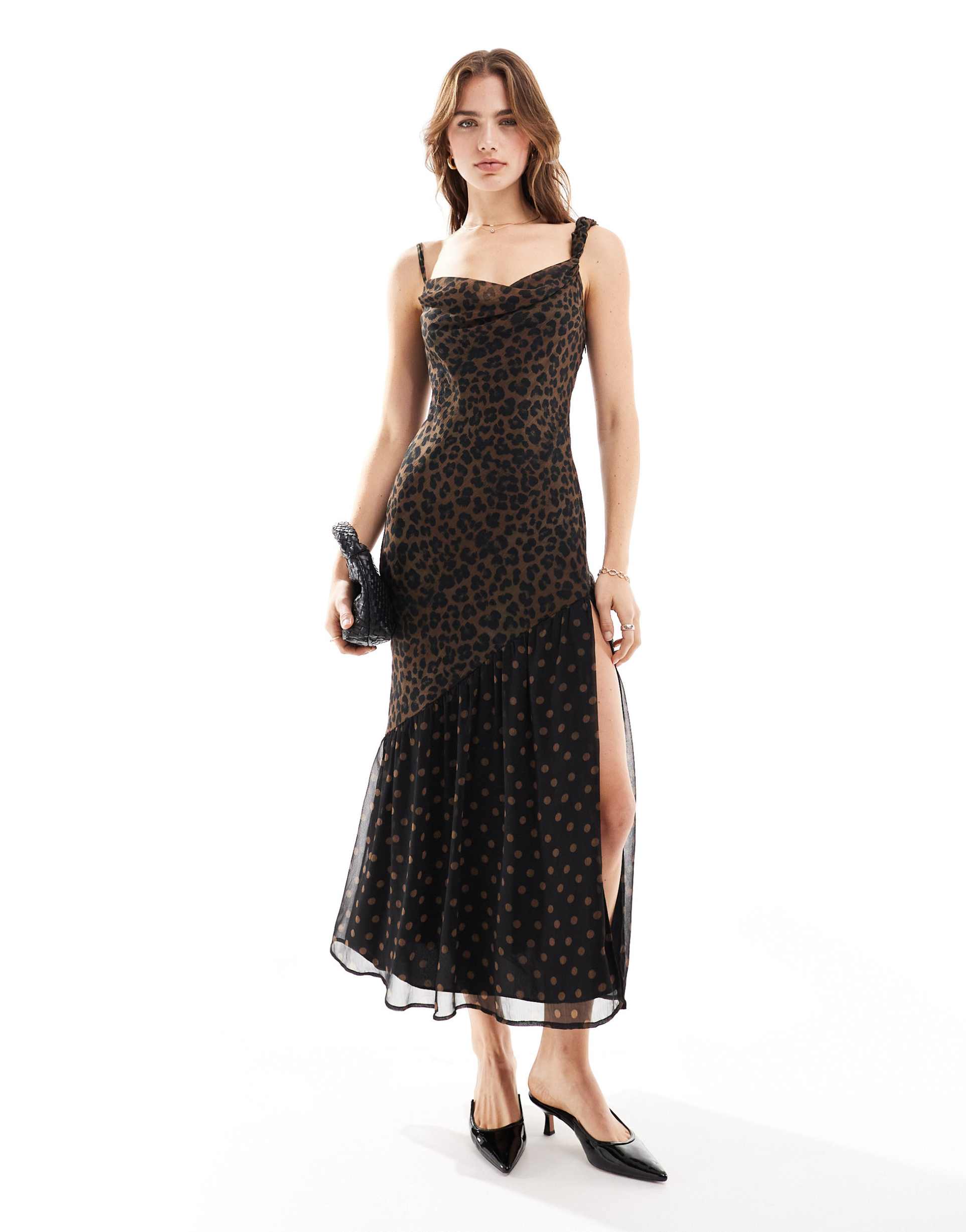 asos design midi slip dress with twisted straps in mixed animal print