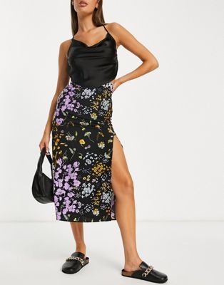 ASOS DESIGN midi slip skirt with thigh split in dark based floral print
