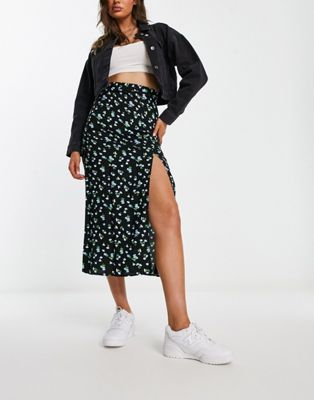 ASOS DESIGN midi slip skirt with thigh split in dark based floral print