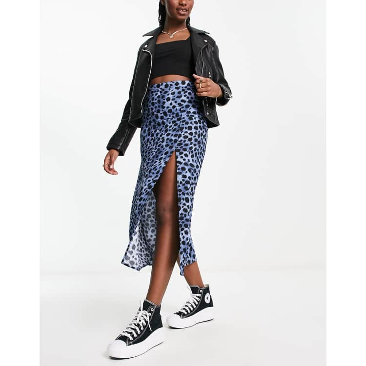 ASOS DESIGN midi slip skirt with thigh split in dark blue leopard print