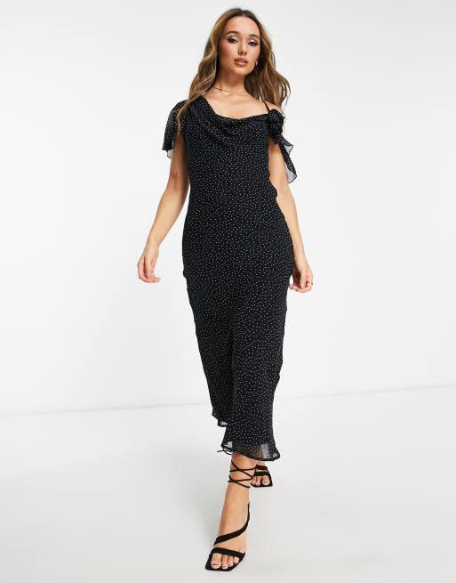 ASOS DESIGN - Midi slipdress met gedrapeerde halslijn, corsage en bandjes in zwart met witte stippen