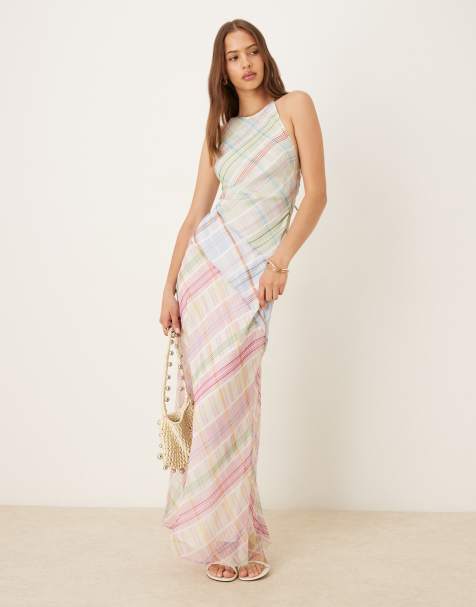 ASOS DESIGN - Midi-slipdress met racerhals en naden in gemengde ruitprint - view 1