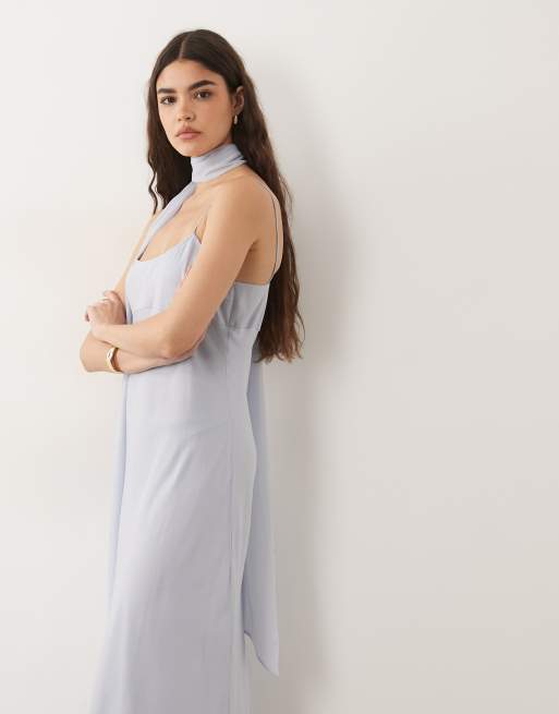 ASOS DESIGN - Midi slipdress met sjaal in lichtblauw, 3 van 4