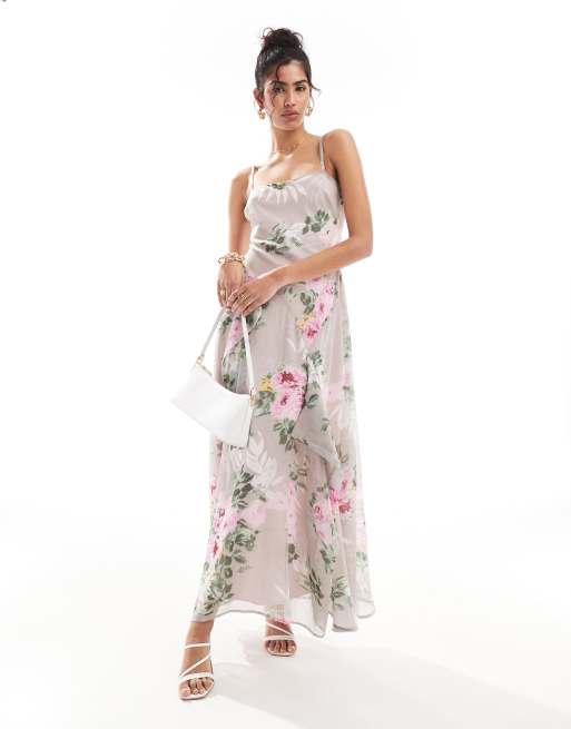 ASOS DESIGN - Midi slipdress met vierkante hals en ongelijke zoom in grijs met bloemenprint