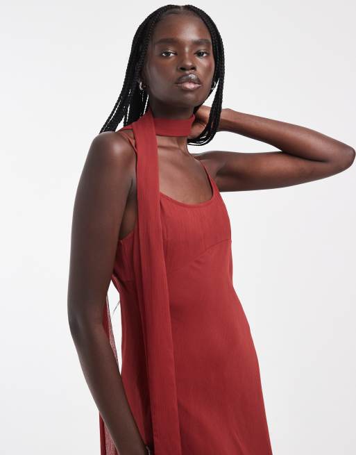 ASOS DESIGN midi slipjurk met sjaal in roestkleur, 3 van 4