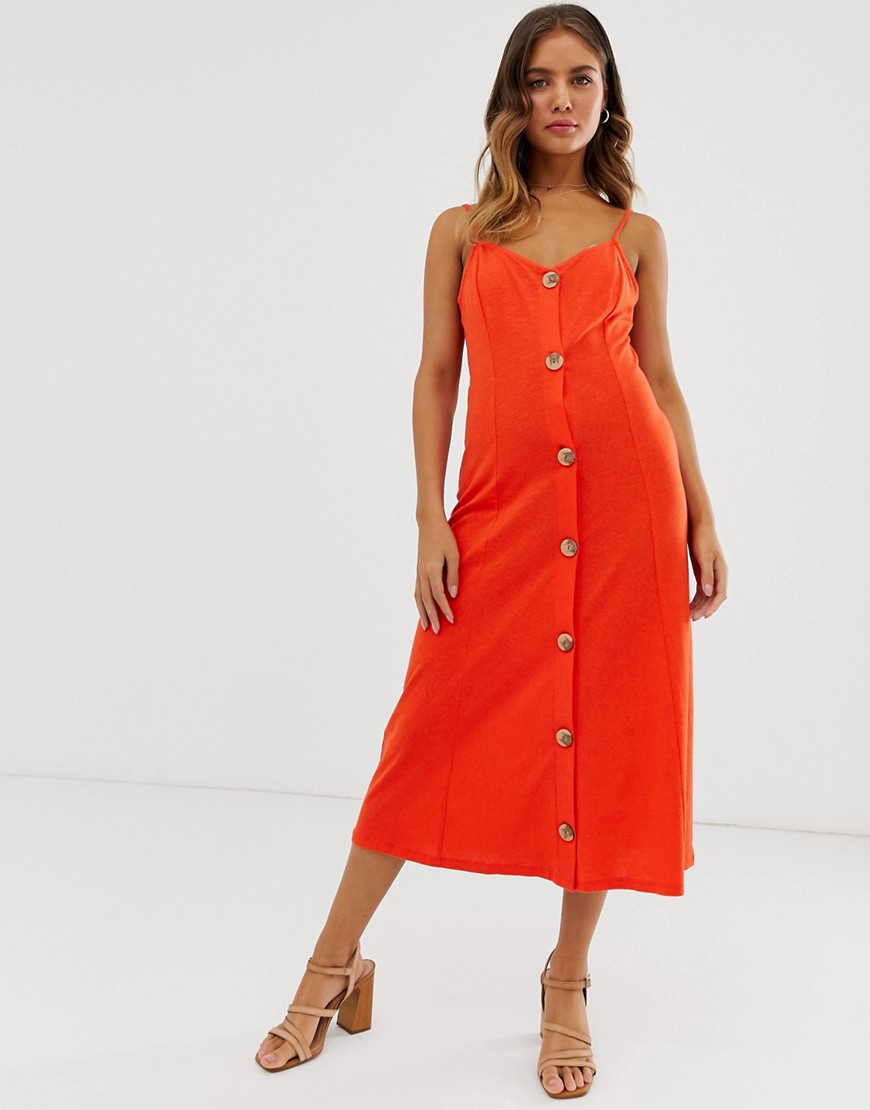 ASOS DESIGN midi slubby cami dress with faux wood buttons in red