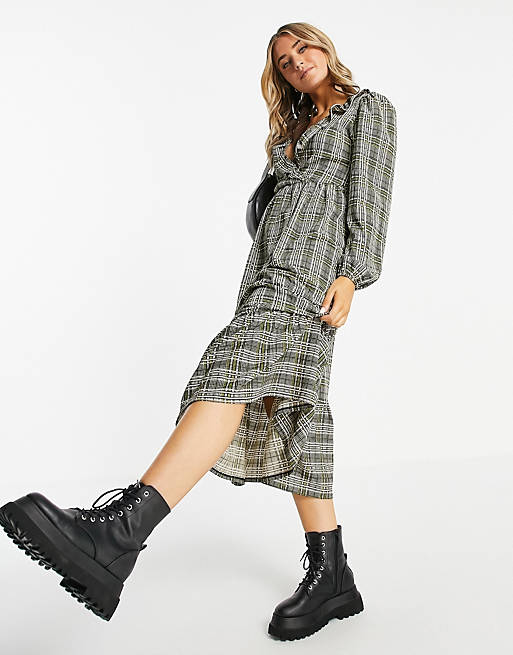 midi smock dress with frill neck and tiered hem in grey and green check print 