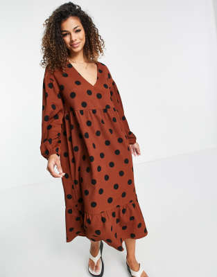 ASOS DESIGN midi smock dress with long sleeves and tiered hem in brown ...