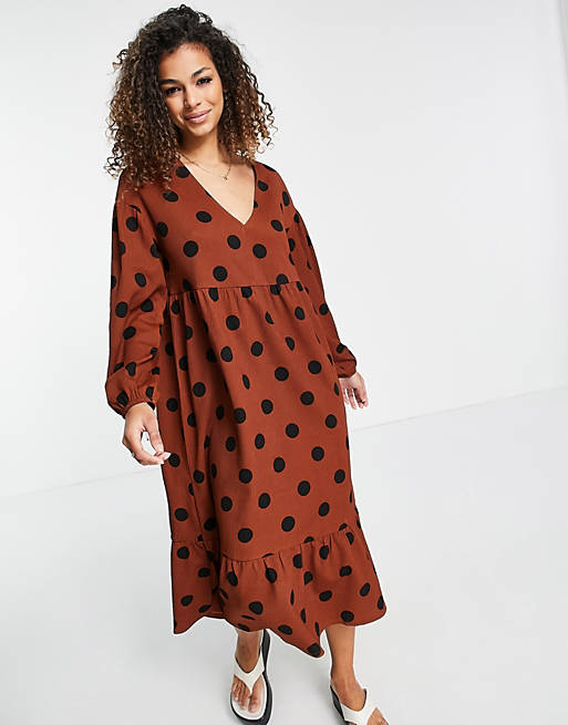  midi smock dress with long sleeves and tiered hem in brown and black spot 