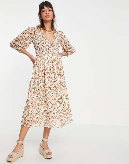 ASOS DESIGN midi smock dress with shirred cuffs in cream floral print