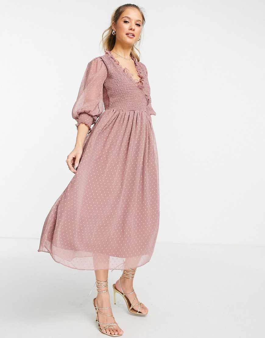 ASOS DESIGN midi smock dress with shirred cuffs in mink-Pink