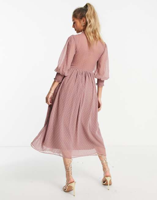 ASOS DESIGN midi smock dress with shirred cuffs in mink ASOS