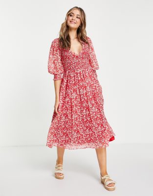 ASOS DESIGN midi smock dress with shirred cuffs in red floral print-Multi