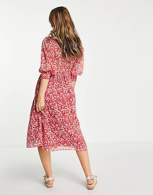  midi smock dress with shirred cuffs in red floral print 