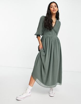 ASOS DESIGN midi smock dress with shirred cuffs in textured in khaki