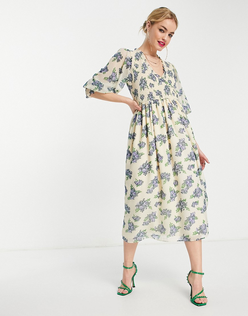 ASOS DESIGN midi smock dress with shirred cuffs in white base floral print-Multi