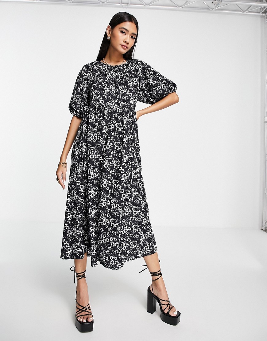 ASOS DESIGN midi smock dress with short puff sleeves in black and white daisy print