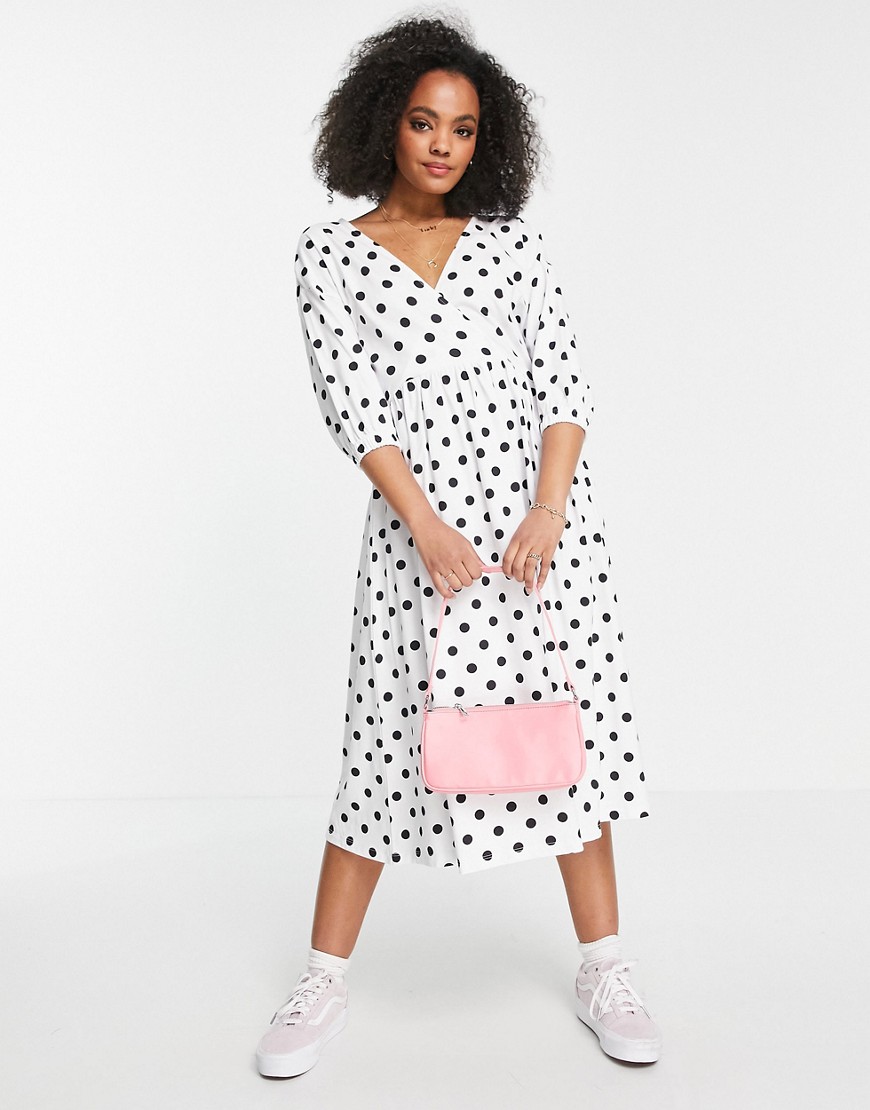 ASOS DESIGN midi smock dress with wrap top in black and white dot