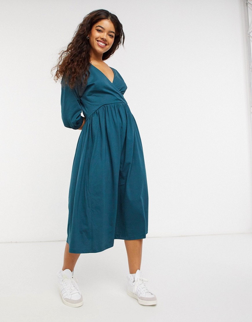 ASOS DESIGN midi smock dress with wrap top in forest green