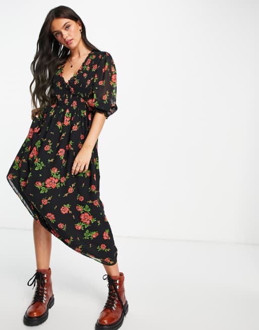 ASOS DESIGN - Midi smockjurk met gesmokte manchetten en bloemenprint met zwarte ondergrond 
