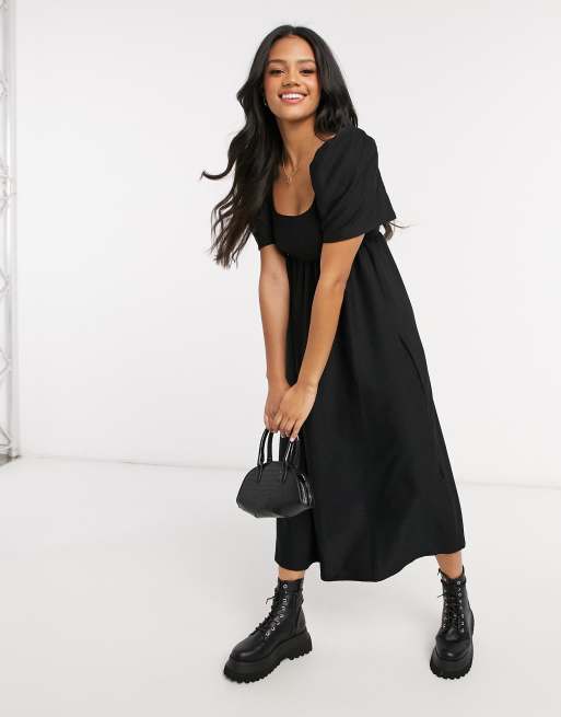 ASOS DESIGN - Midi smockjurk met lage ronde hals en textuur in zwart