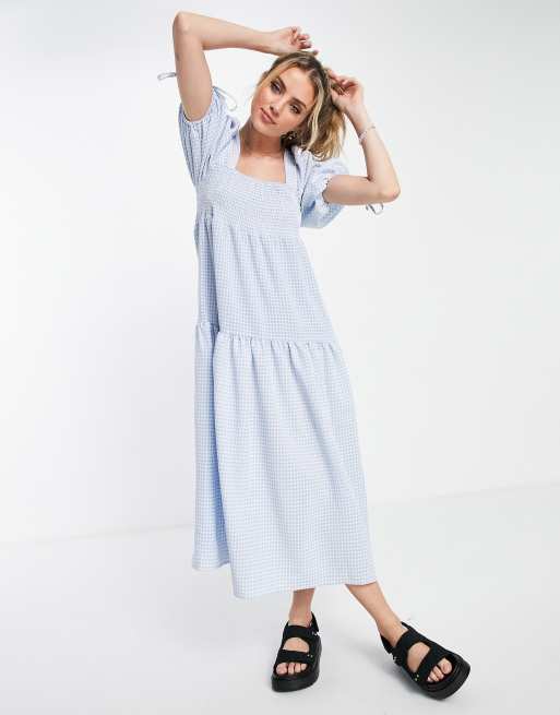 ASOS DESIGN - Midi smockjurk met plooitjes, vierkante halslijn en gingham ruit in blauw