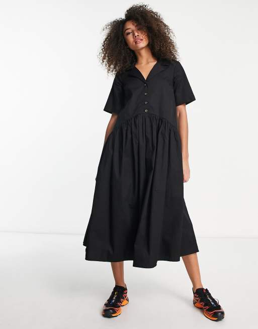ASOS DESIGN - Midi smockjurk van keperstof met kraagje en knoopsluiting in zwart