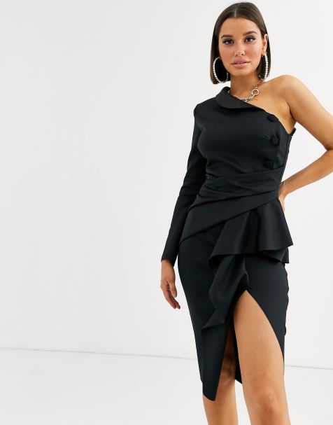 ASOS DESIGN – Midi-Smokingkleid mit One-Shoulder-Träger und Schößchen
