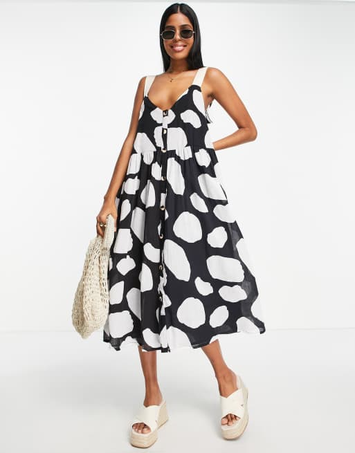 ASOS DESIGN - Midi-solkjole med knapper i monokrom abstrakt print med grosgrain-stropper