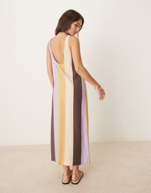 ASOS DESIGN - Midi-sommerkjole i bomulds-/hørblanding med dyb rund hals og striber, 4 af 4