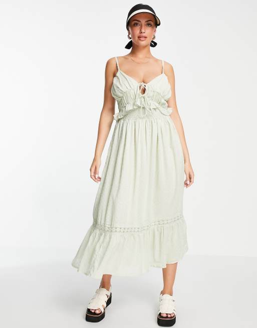 ASOS DESIGN – Midi-Sommerkleid aus genopptem Stoff mit gesmokter Taille & Bindeband in Salbeigrün