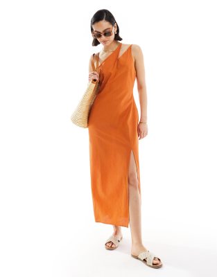 ASOS DESIGN - Midi-Sommerkleid aus Leinen in Burnt Orange mit geteiltem One-Shoulder-Träger und Schlitz-Bunt