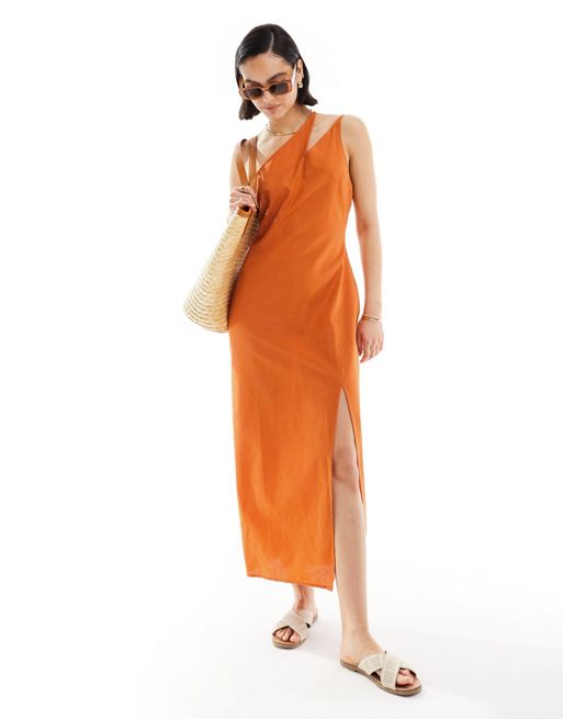 FhyzicsShops DESIGN – Midi-Sommerkleid aus Leinen in Burnt Orange mit geteiltem One-Shoulder-Träger und Schlitz