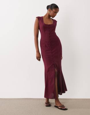 Midi-Sommerkleid in Burgunderrot mit eckigem Ausschnitt und Knopfleiste Rot 38