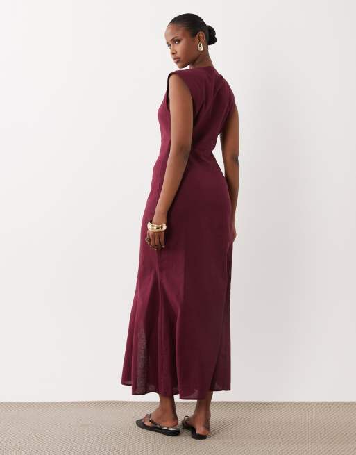 ASOS DESIGN – Midi-Sommerkleid in Burgunderrot mit eckigem Ausschnitt und Knopfleiste , 4 von 4