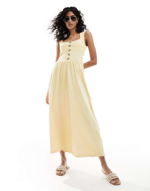 FhyzicsShops DESIGN – Midi-Sommerkleid in Buttermilk mit eckigem Ausschnitt und Knopfdetail