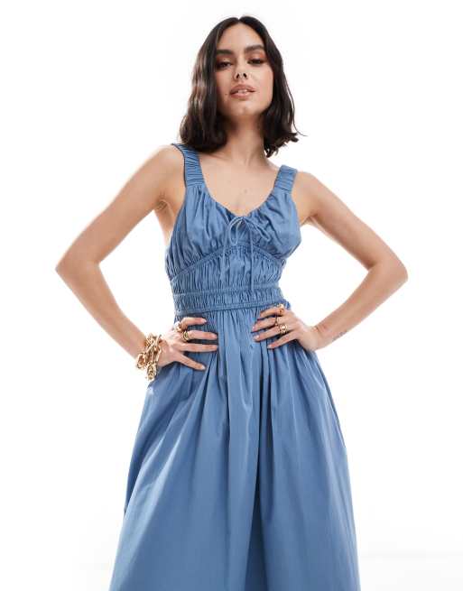 ASOS DESIGN Midi Sommerkleid in Mittelblau mit breiten Tragern und Tunnelzug in der Taille
