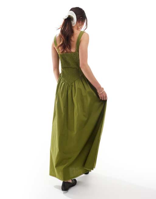 ASOS Design – Midi-Sommerkleid in Olivgrün mit Korsettoberteil und Spitzenbesatz, 2 von 4