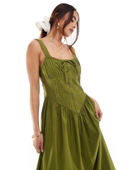 ASOS Design – Midi-Sommerkleid in Olivgrün mit Korsettoberteil und Spitzenbesatz, 3 von 4