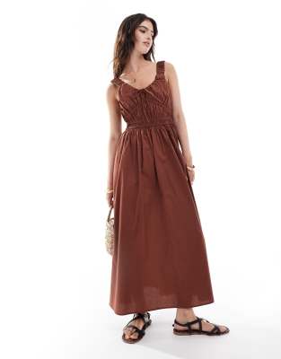 ASOS DESIGN - Midi-Sommerkleid in Schokoladenbraun mit breiten Trägern und Tunnelzug-Brown