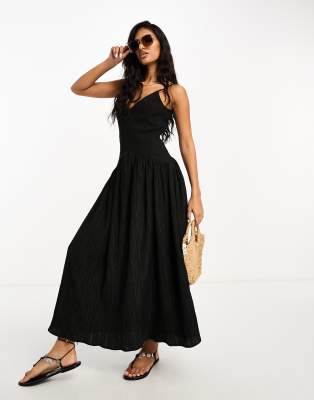 ASOS DESIGN - Midi-Sommerkleid in Schwarz mit weitem Rock und Knitterstruktur