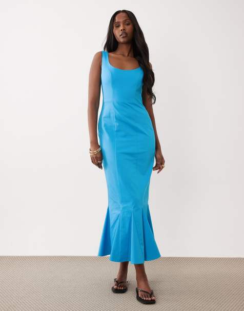 ASOS DESIGN – Midi-Sommerkleid in tropischem Türkis mit U-Ausschnitt, Godet und Schwalbenschwanzsaum - view 1