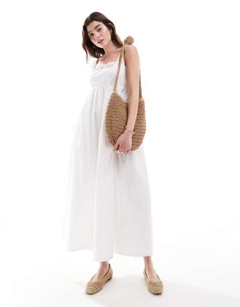 ASOS DESIGN – Midi-Sommerkleid in Weiß mit Spitzenbesatz an der Brust - view 1