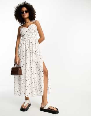 ASOS DESIGN - Midi-Sommerkleid mit gesmokter Taille, Brustpartie im Schleifendesign und braunem Punktmuster-Bunt