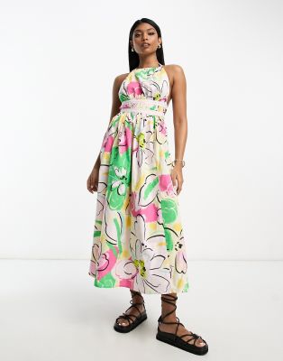 ASOS DESIGN - Midi-Sommerkleid mit Neckholder-Träger, Riemchen am Rücken und abstraktem Muster-Bunt