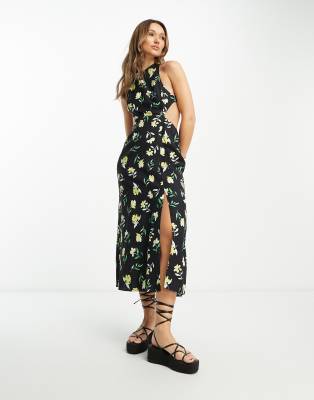 ASOS DESIGN - Midi-Sommerkleid mit überkreuzter Rückseite und Blumenmuster-Bunt