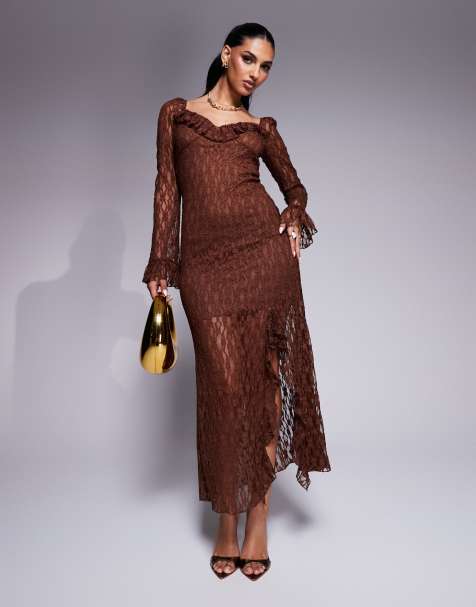 ASOS DESIGN – Midi-Spitzenkleid in Braun mit Rüschen und Frontschlitz - view 1