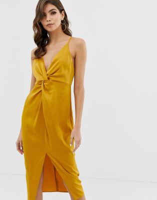 gold metallic plisse strappy knot front midi dress