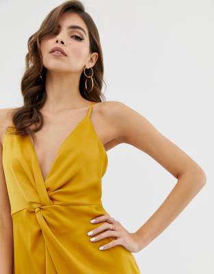 asos design midi strappy cami with knot front plunge in satin