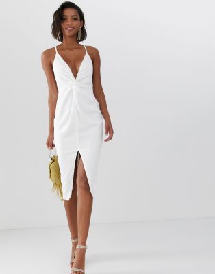 asos design midi strappy cami dress with knot front plunge in satin